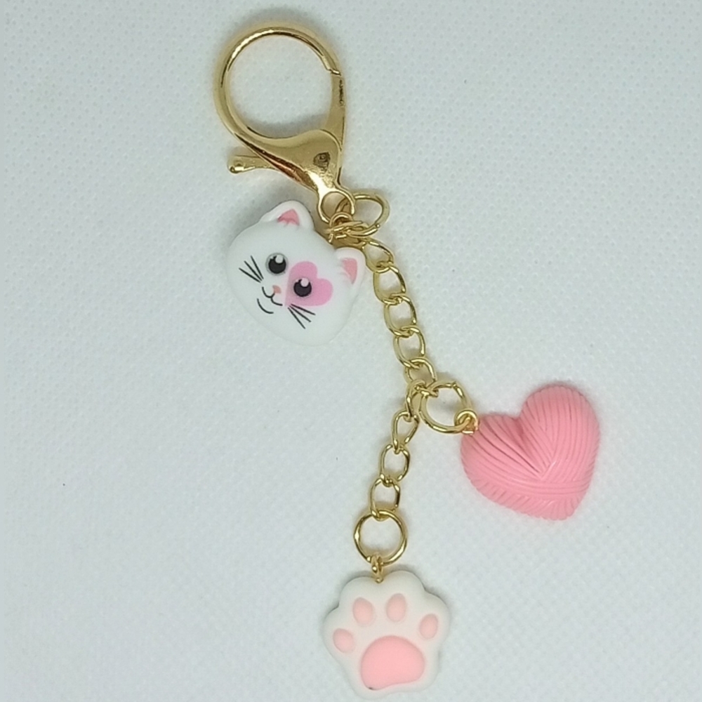 Gold and Pink Cat Keychain Purse Charm NEW